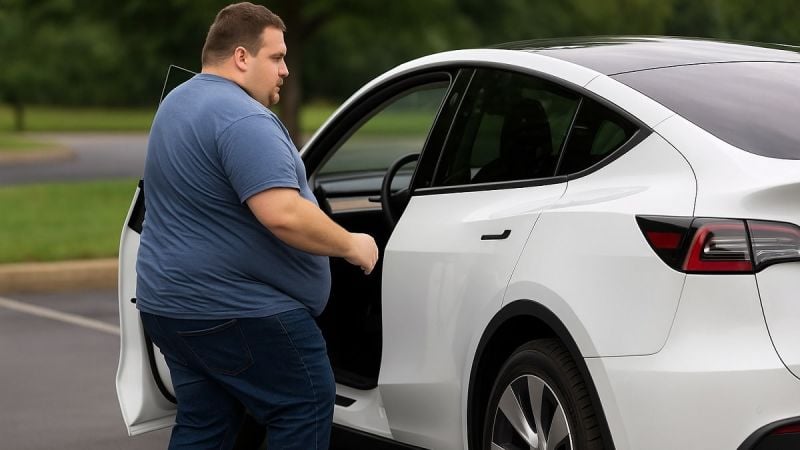 300-pound man getting into an electric vehicle