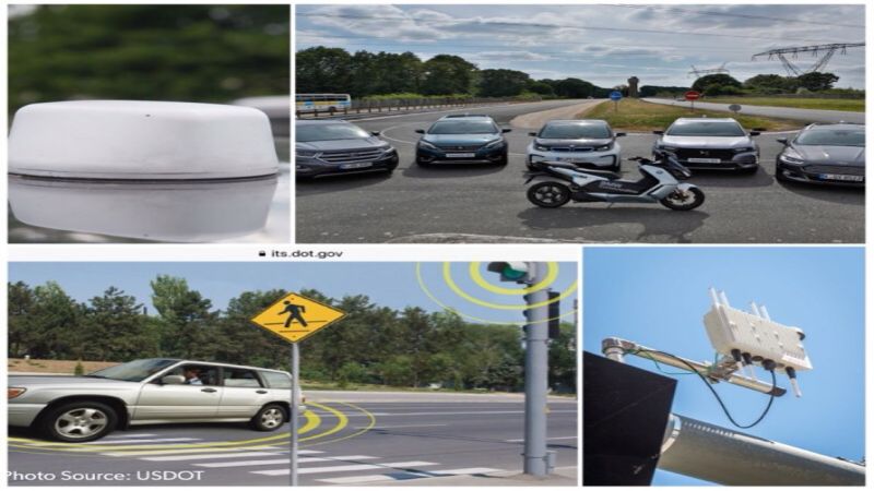 DSRC devices on a sign post and car roof, DSRC V2X traffic signal, and V2X cars and a scooter