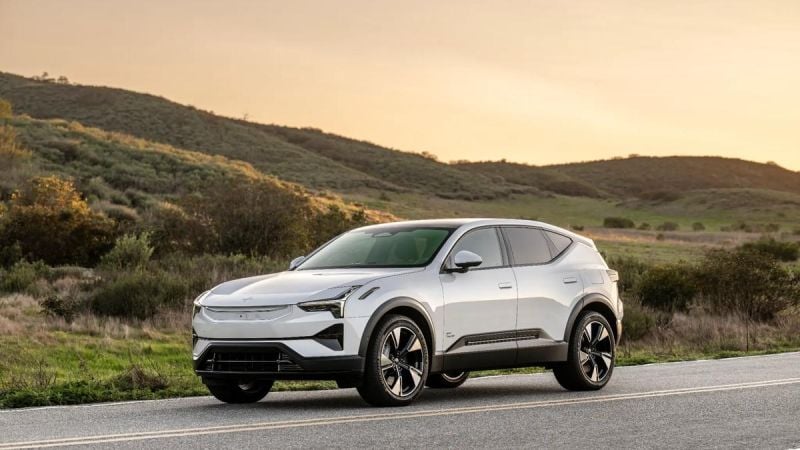 2025 Polestar 3 electric SUV front three-quarter angle in white with mountain backdrop and aerodynamic design