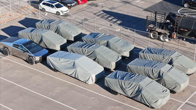 Tesla Cybertruck vehicles ready either for testing or for delivery