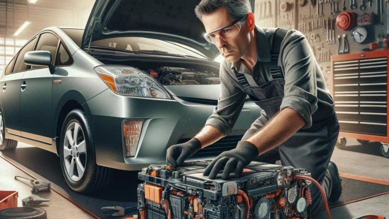 AI rendering of Toyota Prius getting worked on with hybrid battery