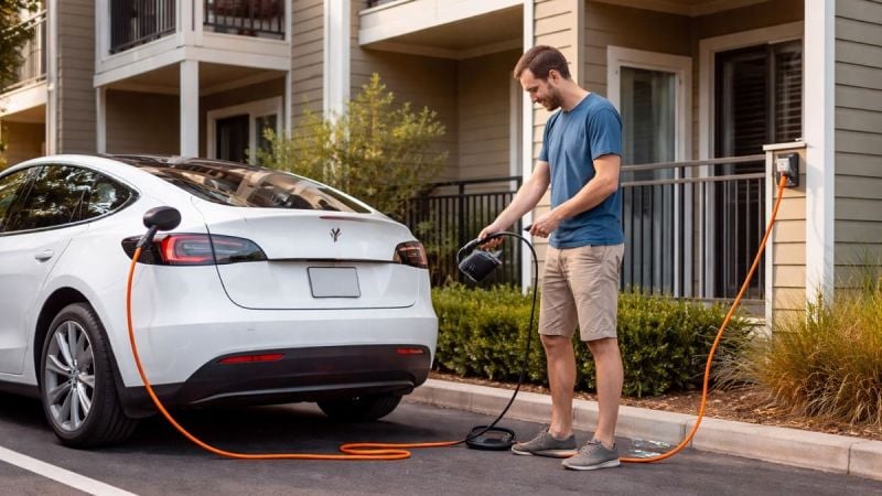 Apartment dweller charging his Tesla Model Y with an extension cord