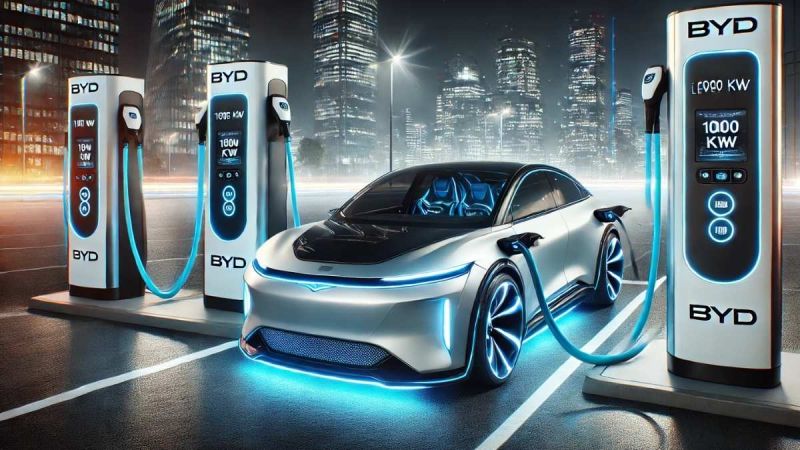 BYD automobile being charges with two 1000 KW Level 3 Chargers
