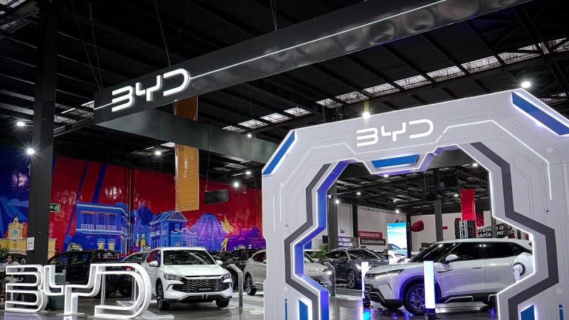 Image shows a BYD car show display courtesy of BYD media support. 