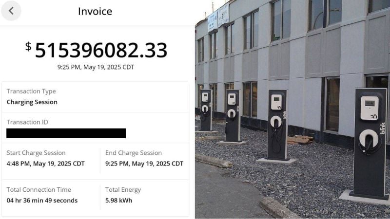 An invoice for a charging session costing over $551 million; shows charging stations outside a building.