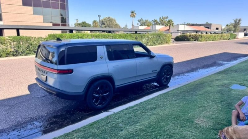 Pale blue Rivian electric SUV parked on urban street with landscaped grass and palm trees