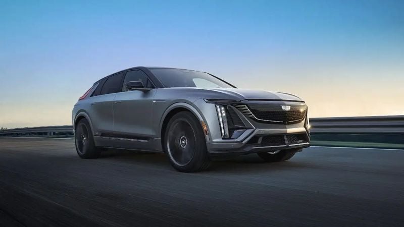 A Cadillac Lyriq zipping down the highway