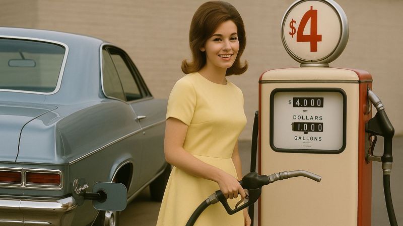 Vintage 1960s scene of classic car at gas station with retro fuel pump and stylish driver