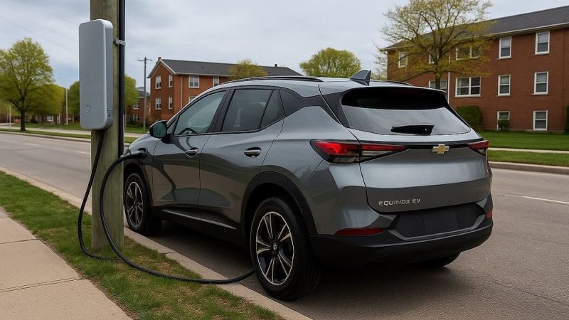 Chevy Equinox EV being charged by power pole mounted charger