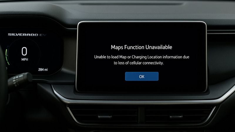 Chevy Silverado EV dashboard display showing loss of cellular signal