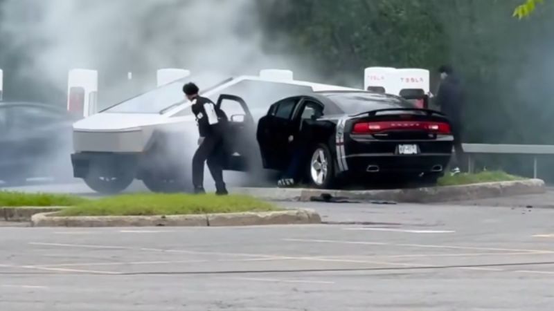I Just Watched a Dodge Charger Lose Control and Drift Into a Tesla Cybertruck at a Supercharger
