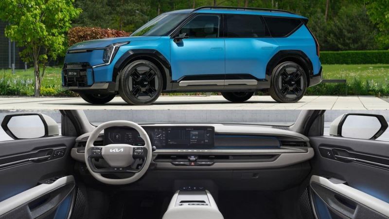 Blue Kia EV9 interior and exterior