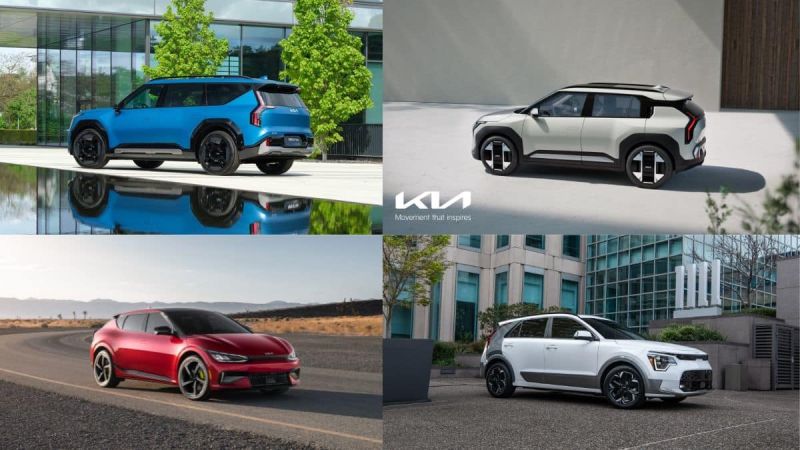 Kia EV9 in blue, EV3 in silver, EV6 in red and Niro EV in white