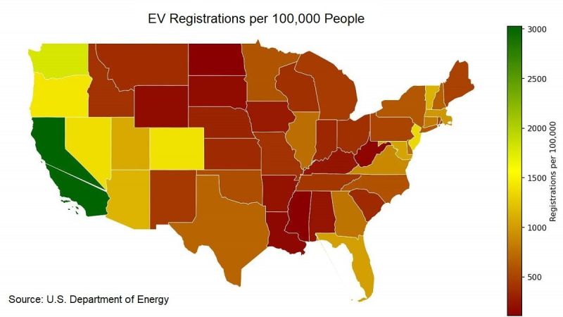Map of U.S. showing EV adoption per capita
