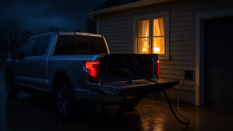 Electric pickup truck using V2H to power a home during an outage 