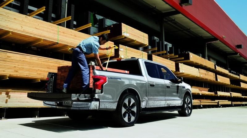Ford F-150 Lightning at a lumber store