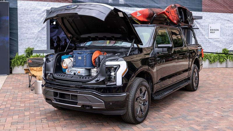 Ford F-150 Lightning front trunk loaded with camping gear and equipment
