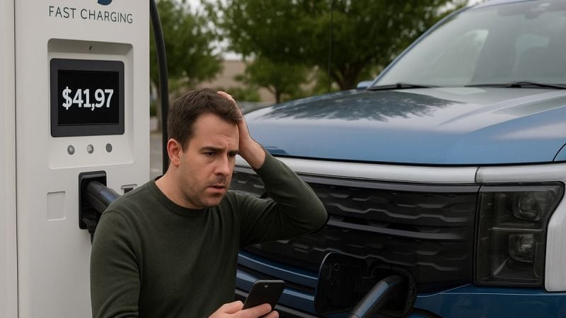 EV owner at a fast charger with a surprising high bill