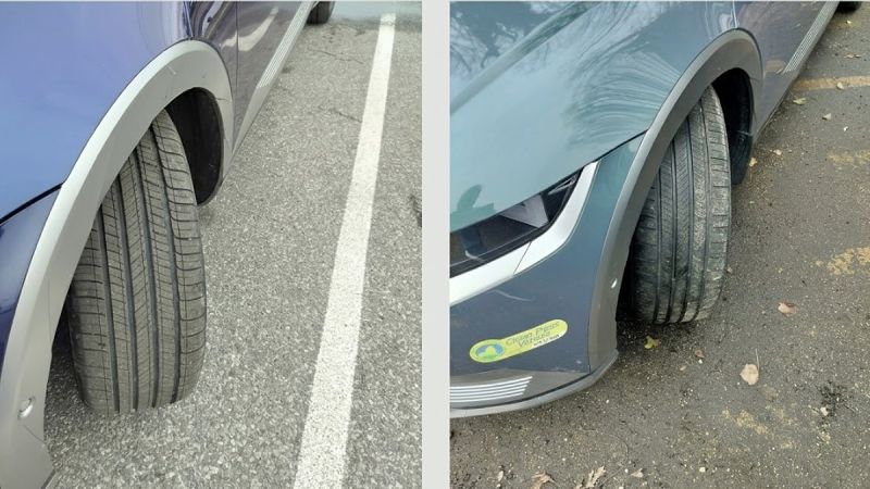 Comparison photo showing wheel turning angle on two Hyundai Ioniq vehicles illustrating turning radius difference