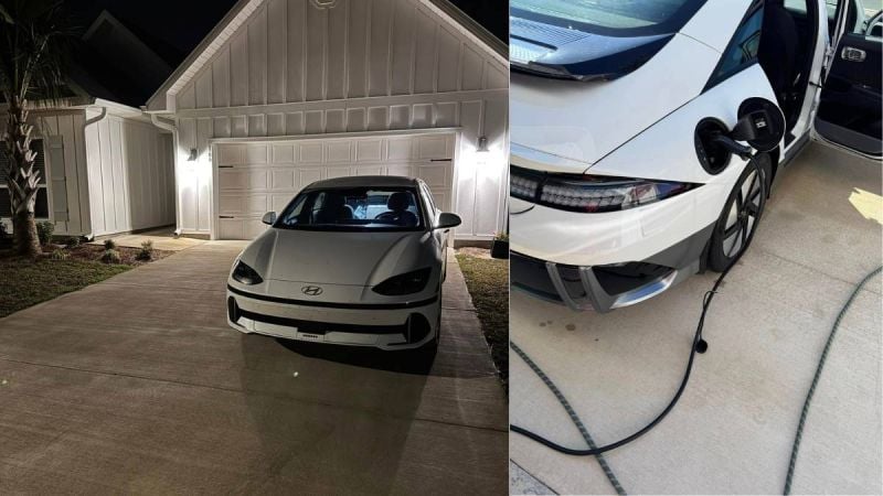 Hyundai Ioniq 6 in front of a house and charging