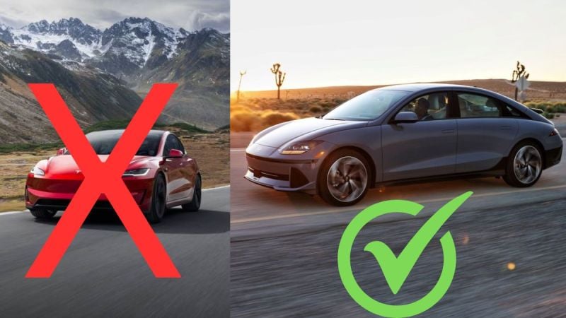 Red Model 3 Tesla with Red X, Hyundai Ioniq 6 with Green checkmark