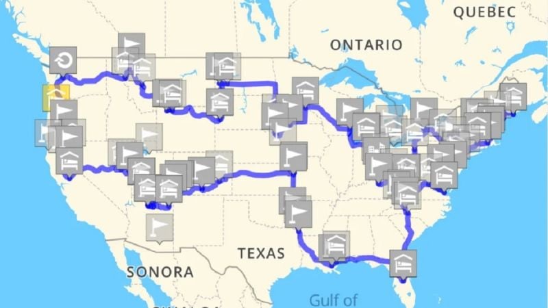 Map of 14,000-mile coast to coast U.S. road trip 