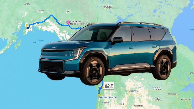 Kia EV9 superimposed over map of trip to Alaska