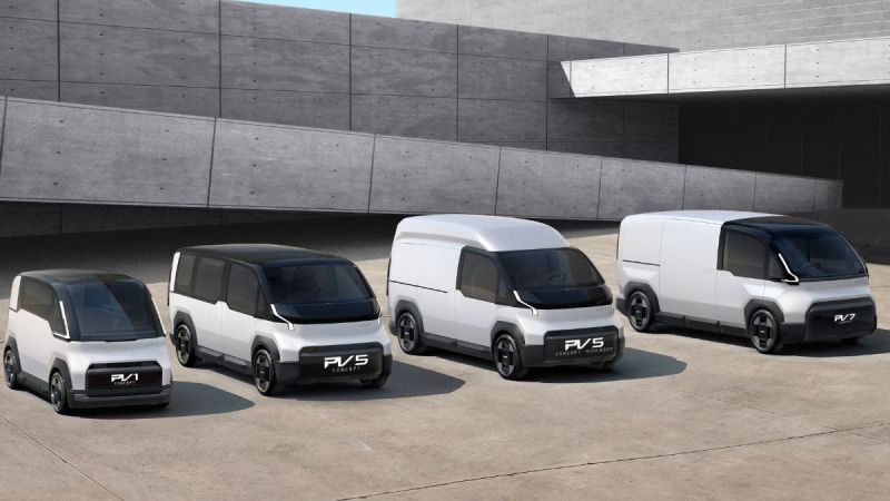 5 white Kia electric van models, called PBVs