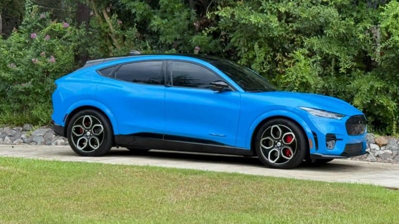 A gleaming, bright blue Ford Mustang Mach-E parked on a driveway, surrounded by lush green foliage. The car's modern design conveys a sense of innovation.