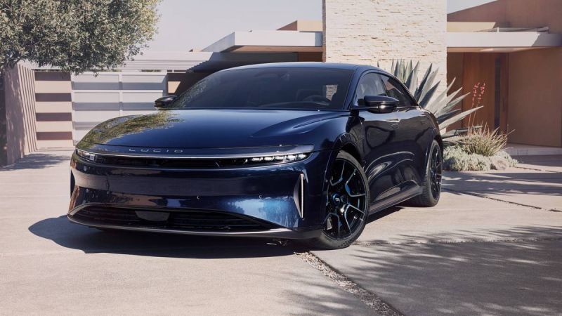 Blue Lucid Air Sapphire in yard