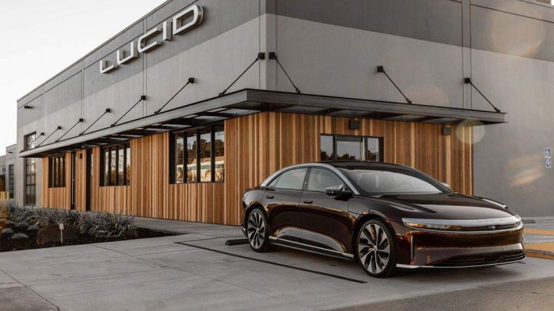 Lucid Air in front of a Lucid Motors studio