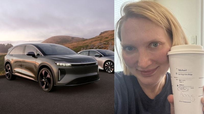 A stylish, Lucid Gravity is parked in a scenic landscape with rolling hills and a soft morning glow.