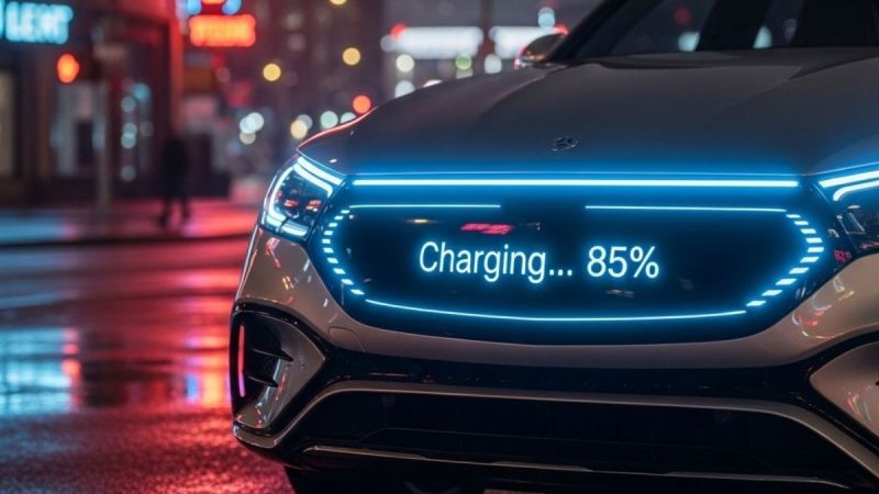 Mercedes GLC EV With Digital Grill showing charging progress