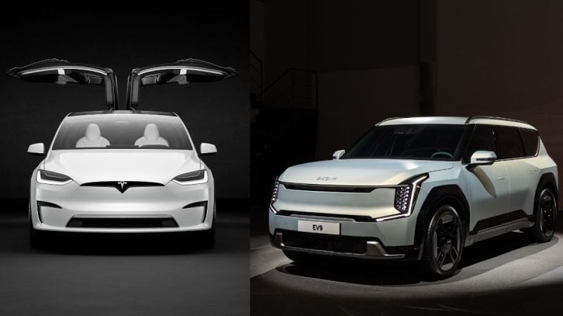 White Tesla Model X and White Kia EV9