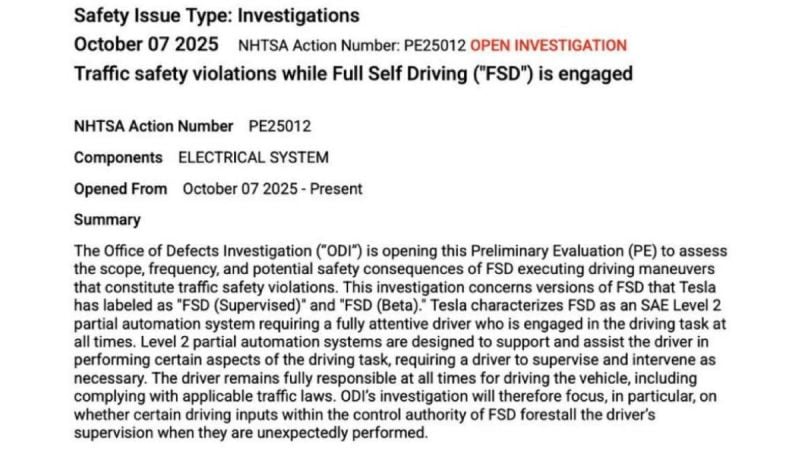 A document titled "Safety Issue Type: Investigations" dated October 7, 2025, about NHTSA's investigation into safety concerns with Tesla's Full Self Driving system.