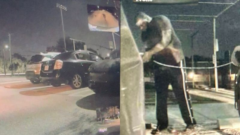 A nighttime scene split in two: left shows parked cars under streetlights, right captures a person in a hooded sweatshirt leaning over, illuminated by headlights. The mood is mysterious and tense.