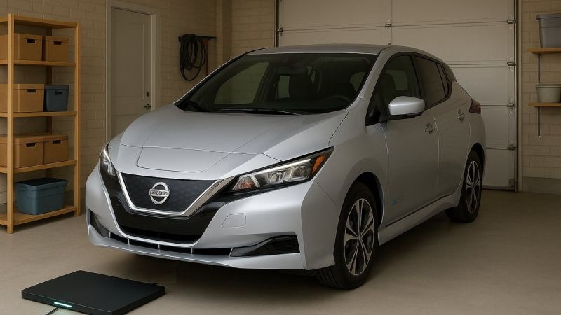 Nissan LEAF pulling over a wireless charger in a residential garage