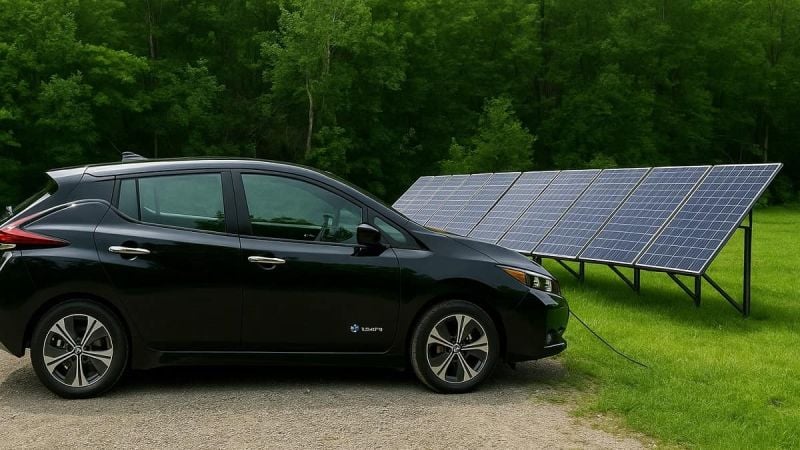 Nissan LEAF being charged with an off grid solar system