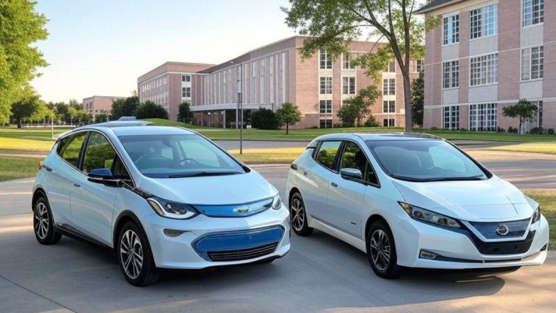 Nissan Leaf and a Chevrolet Bolt at a college campus