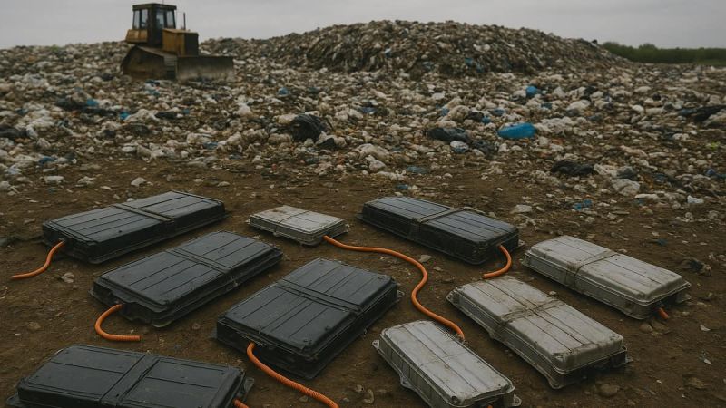 Electric vehicle batteries lying in a landfill