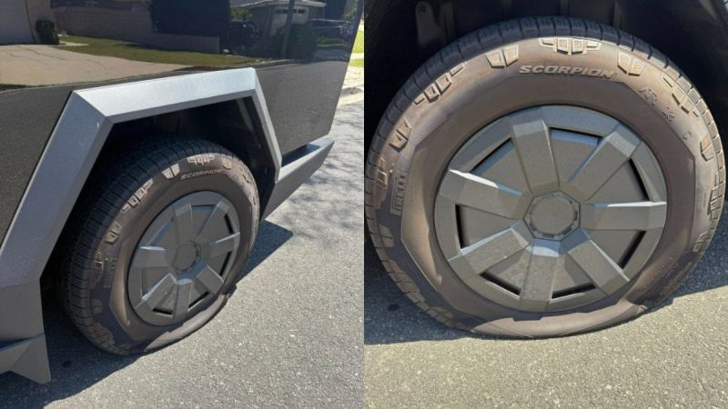 Cybertruck wheel with Scorpion flat tire, showing unique angular design and metallic finish