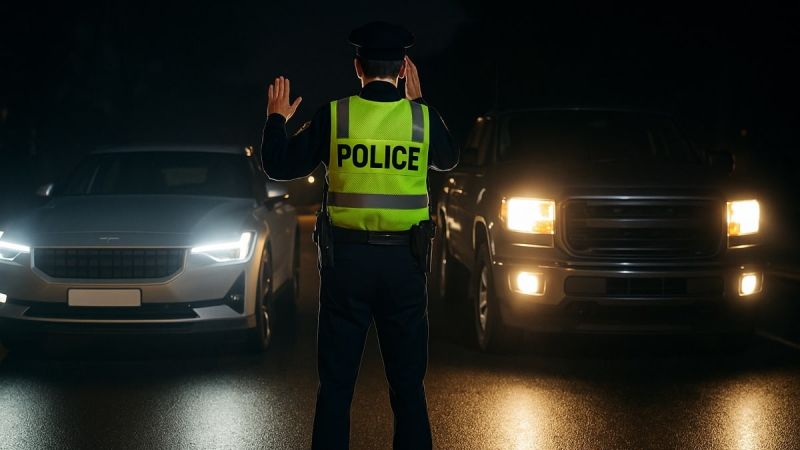 Polestar 2 and pickup truck being stopped by cop to check headlights
