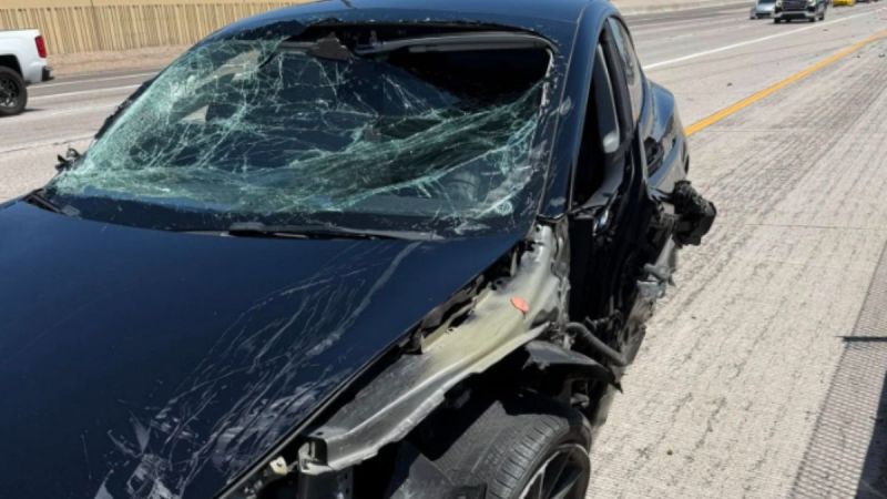 A black Tesla Model 3 on the side of the highway with a severely shattered windshield and damaged front, indicating a recent accident