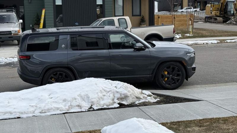 Rivian R1s on Street with snow