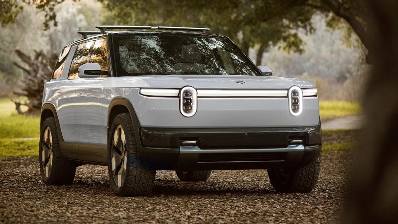 Rivian R2 electric SUV shown from the front three quarter angle outdoors
