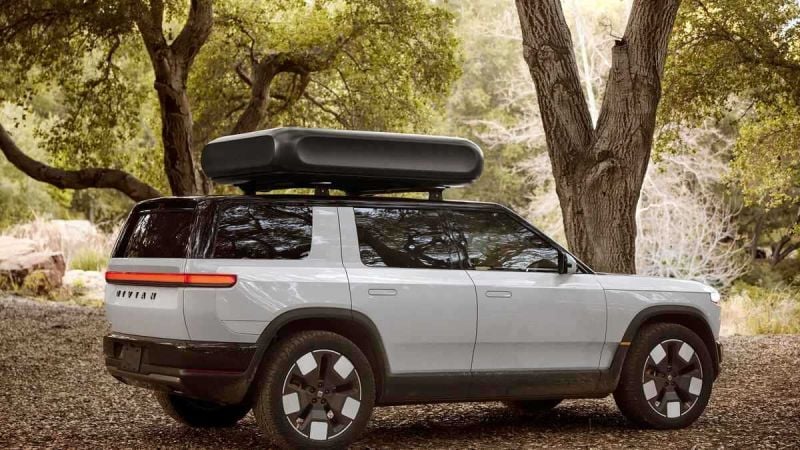 Rivian R2 in White with luggage Rack
