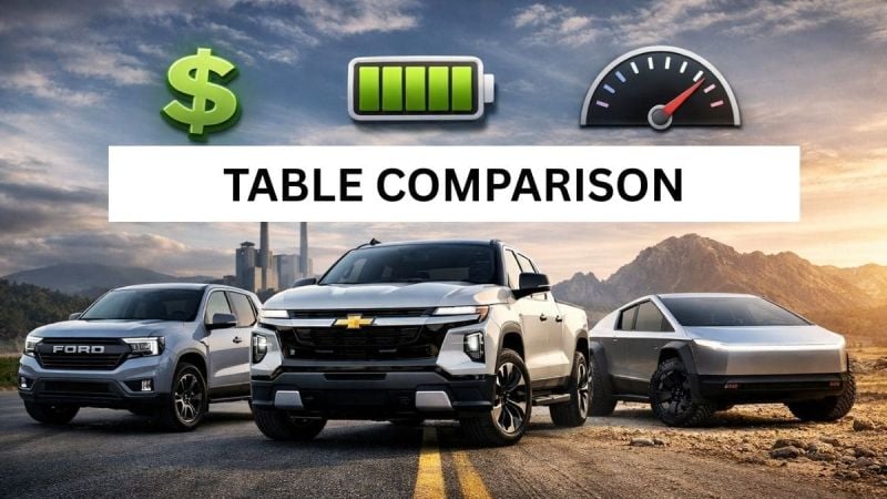 Side-By-Side Table Comparison of Ford’s New Universal EV Platform vs GM's Silverado EV and The Tesla Cybertruck With 3 Major U.S. EV Pickup Approaches