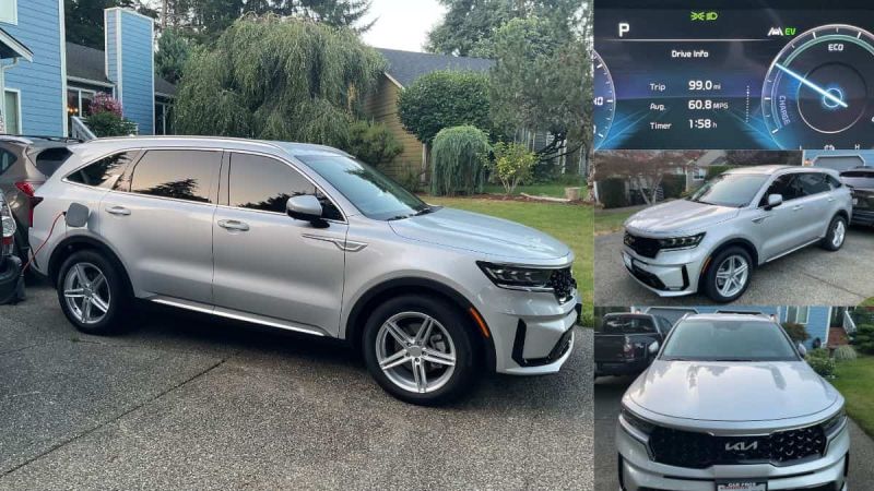 Silver Kia Sorento PHEV from multiple angles and dashboard displaying MPG