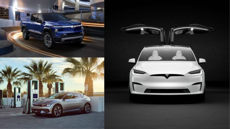 Blue Chevy Silverado EV, white Tesla Model X, silver Kia EV6