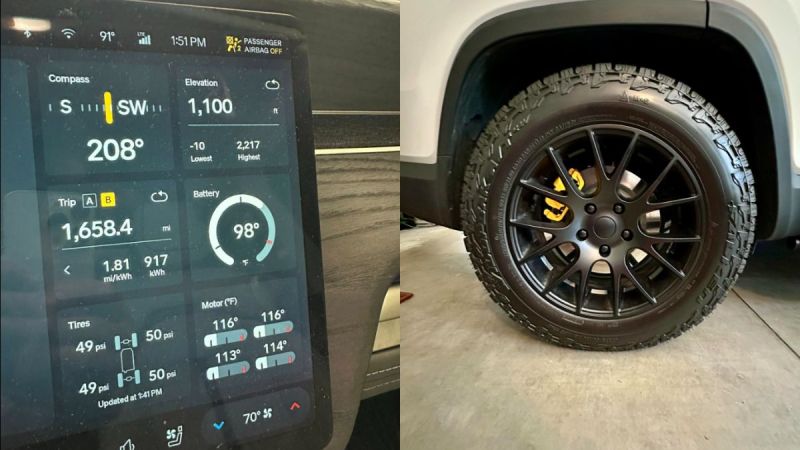 Split image showing a Rivian's digital dashboard and a close-up of a black wheel. The dashboard displays various metrics like direction, battery, and tire pressure. The wheel is rugged with visible tread and a yellow brake caliper. The image conveys a modern automotive theme.
